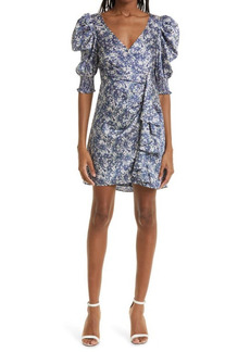 Cinq a Sept Cinq à Sept Lucinda Smocked Puff Sleeve Ruffle Faux Wrap Minidress in Eclipse Multi at Nordstrom