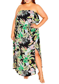 City Chic Samira Tropical Leaf Strapless Maxi Dress in Black Samira at Nordstrom