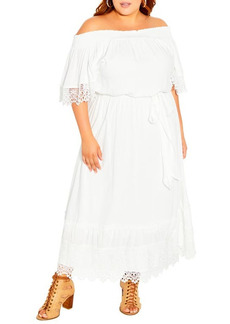 City Chic Sun Off the Shoulder Lace Trim Maxi Dress in Ivory at Nordstrom
