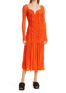 Ganni Ruched Long Sleeve Stretch Lace Midi Dress in Orangedotcom at Nordstrom