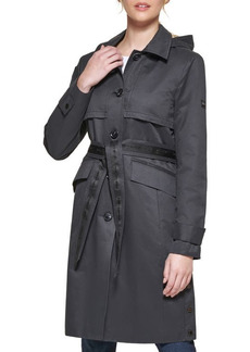 Karl Lagerfeld Paris Logo Tape Cotton Blend Trench Coat with Removable Hood in Black at Nordstrom