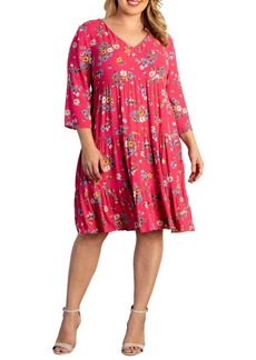 Kiyonna Issy Leaf Print Tiered Tunic Babydoll Dress in Teaberry at Nordstrom