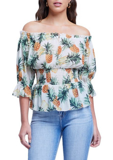 L'AGENCE Aubriella Off the Shoulder Top in Vintage White Multi Pineapple at Nordstrom