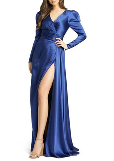 Mac Duggal Puff Sleeve Satin Faux Wrap Gown in Sapphire at Nordstrom