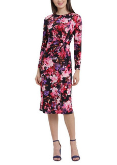 Maggy London Floral Front Twist Long Sleeve Midi Dress in Navy/Rose at Nordstrom