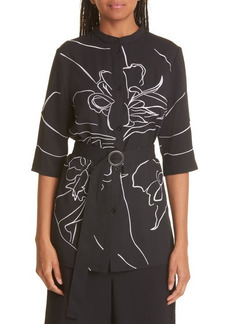 Misook Embroidered Belted Tunic Blouse in Black/New Ivory at Nordstrom