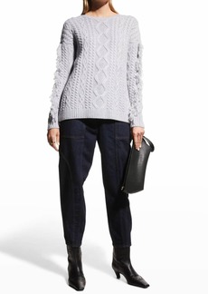 Neiman Marcus Cable-Knit Fringe-Trim Cashmere Sweater