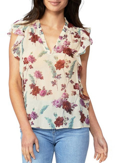 PAIGE Genie Floral Print Ruffle Silk Top in Nude Cream Multi at Nordstrom