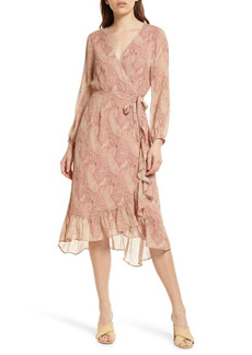 PAIGE Long Sleeve Silk Georgette Wrap Dress in Lipstick Pink /Tan at Nordstrom