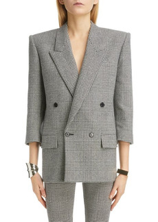 Yves Saint Laurent Prince of Wales Tweed Double Breasted Wool Blend Jacket in Noir Craie at Nordstrom