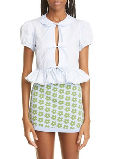 Sandy Liang Elise Tie Front Cotton Peplum Blouse in Baby Blue at Nordstrom