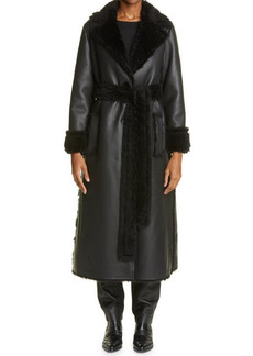 Stand Studio Millan Faux Leather Long Coat with Faux Shearling Trim in Black at Nordstrom