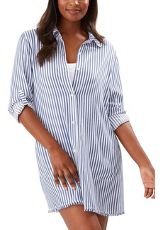 Tommy Bahama Chambray Stripe Long Sleeve Cover-Up Boyfriend Shirt at Nordstrom