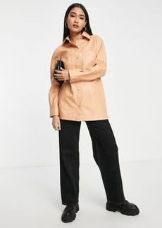 Topshop faux leather shirt with front pockets in peach