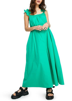 Topshop Frill Sleeve Cotton Palazzo Jumpsuit in Mid Green at Nordstrom