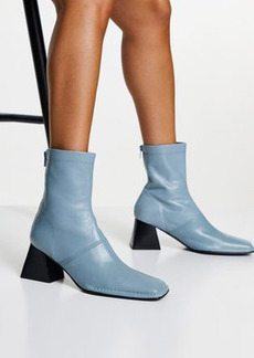 Topshop Hazel leather block heel ankle boot in blue