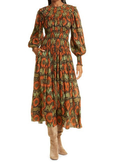 Ulla Johnson Metallic Floral Long Sleeve Cotton Blend Midi Dress in Nocturne at Nordstrom