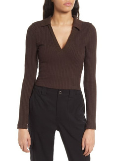 Urban Outfitters Exclusives BDG Urban Outfitters Rosie Crop Long Sleeve Polo in Plum Chocolate at Nordstrom