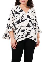 Vince Camuto Abstract Print V-Neck Flutter Sleeve Chiffon Top in New Ivory at Nordstrom