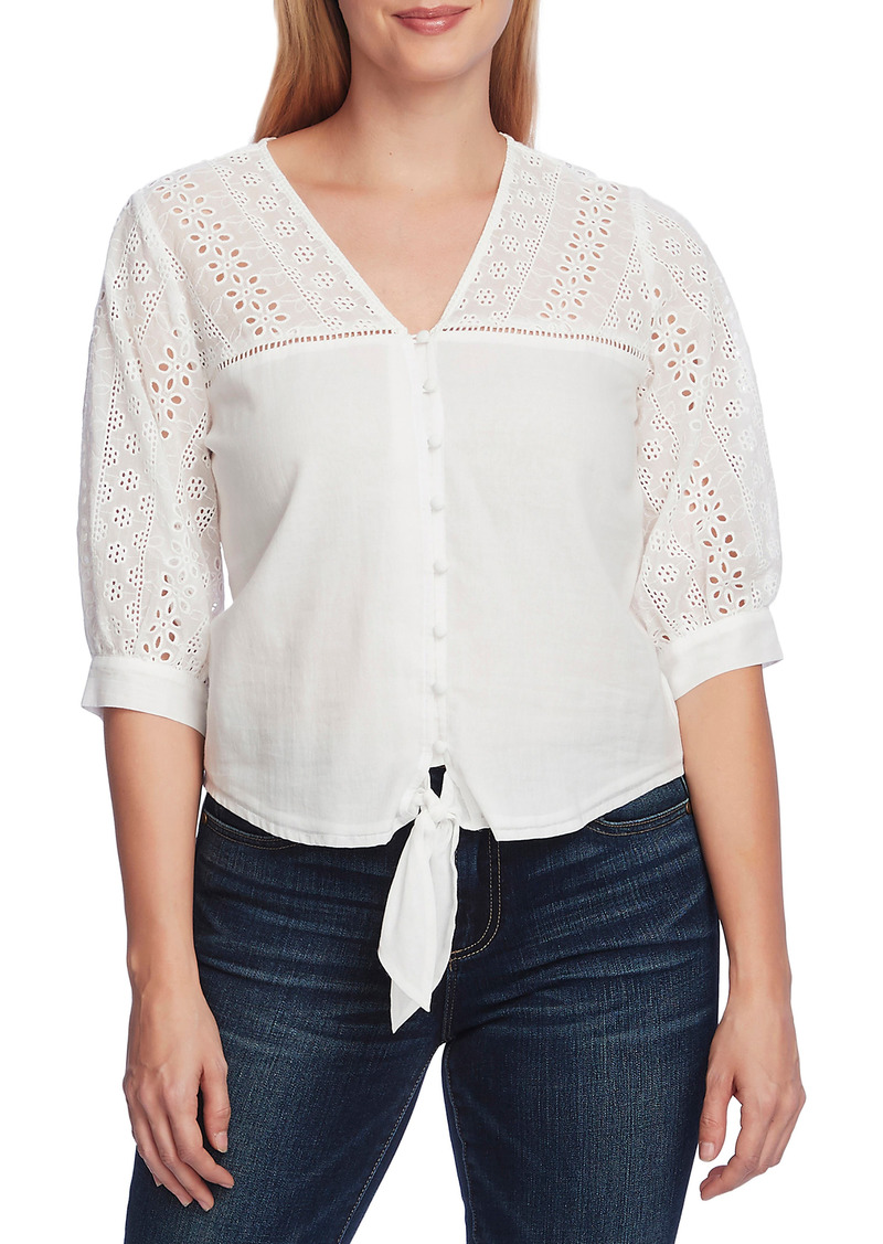 Vince Camuto Eyelet Yoke Cotton Tie Front Top in New Ivory at Nordstrom