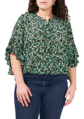 Vince Camuto Floral Flutter Sleeve Chiffon Top in Vivid Green at Nordstrom