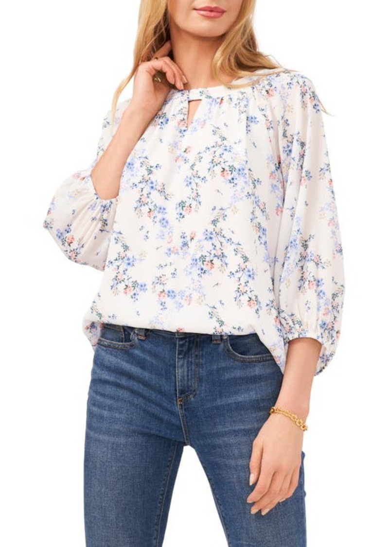 Vince Camuto Floral Print Keyhole Blouse in Ultra White at Nordstrom