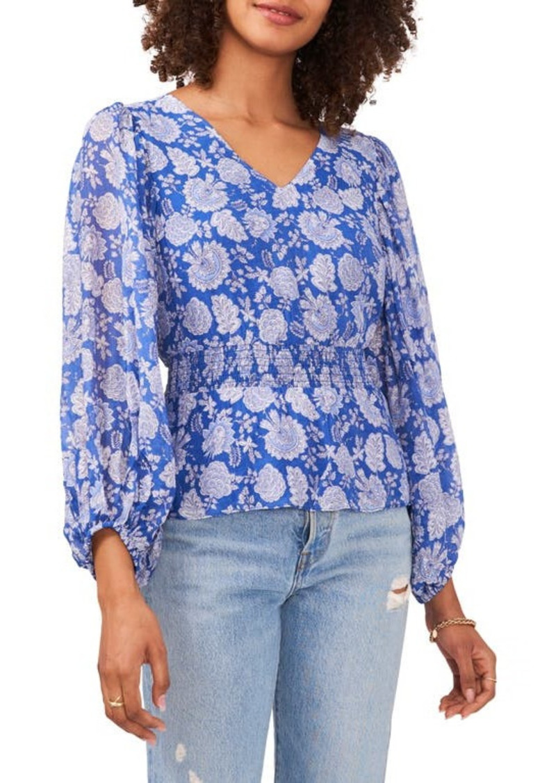Vince Camuto Floral Print Peplum Top in Deep Blue at Nordstrom