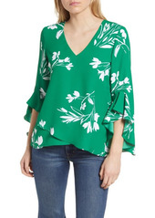 Vince Camuto Floral Print Trumpet Sleeve Top in Coral at Nordstrom