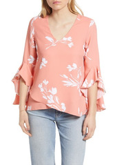Vince Camuto Floral Print Trumpet Sleeve Top in Coral at Nordstrom