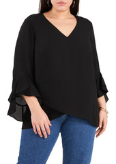 Vince Camuto Flutter Sleeve Crossover Georgette Tunic Top in Black at Nordstrom