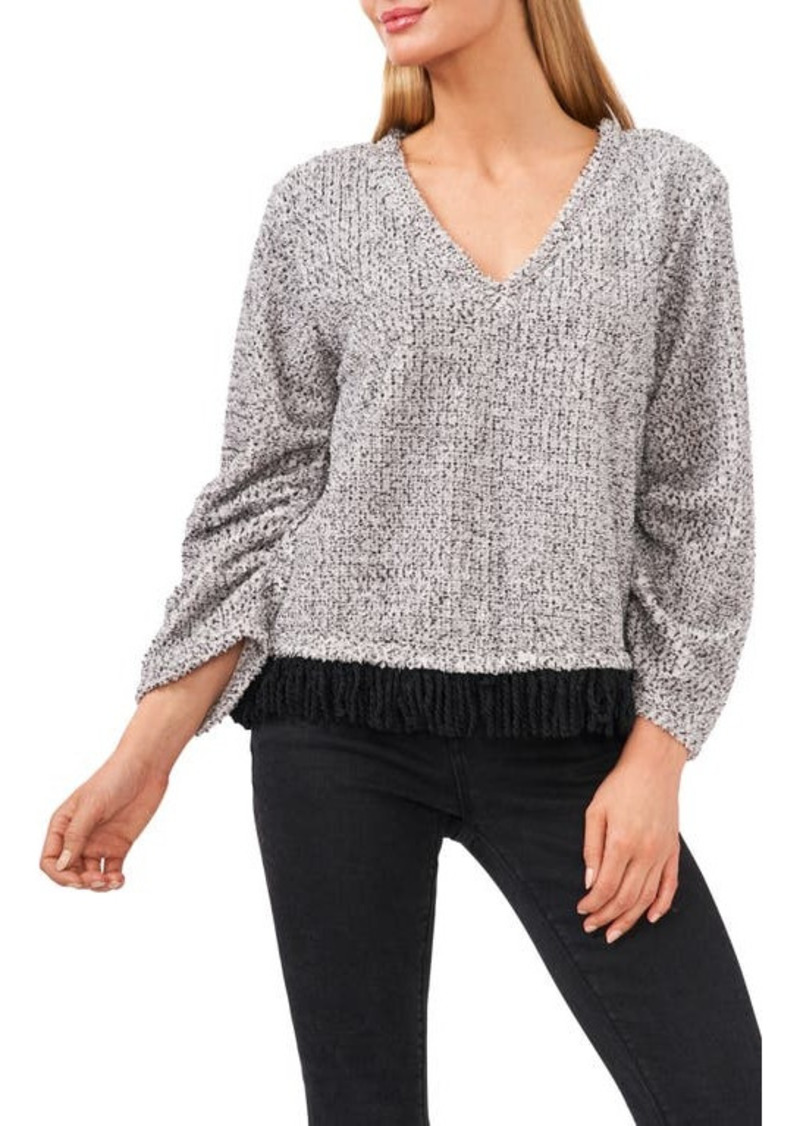 Vince Camuto Gathered Sleeve Fringe Knit Top in Silver Heather at Nordstrom