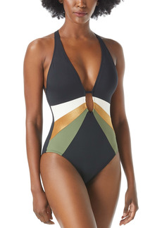 Vince Camuto Gold Shimmer Colorblocked Plunging V-Neck One-Piece Swimsuit Women's Swimsuit