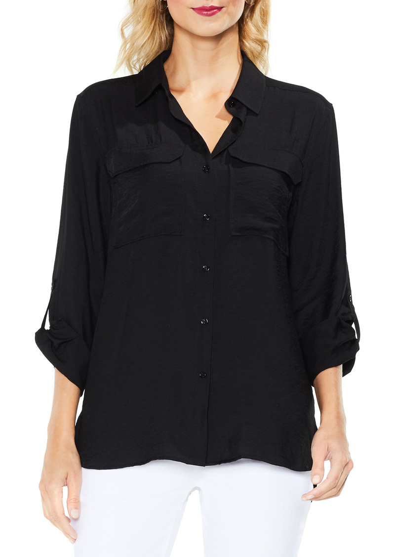 Vince Camuto Hammered Satin Utility Shirt in Rich Black at Nordstrom