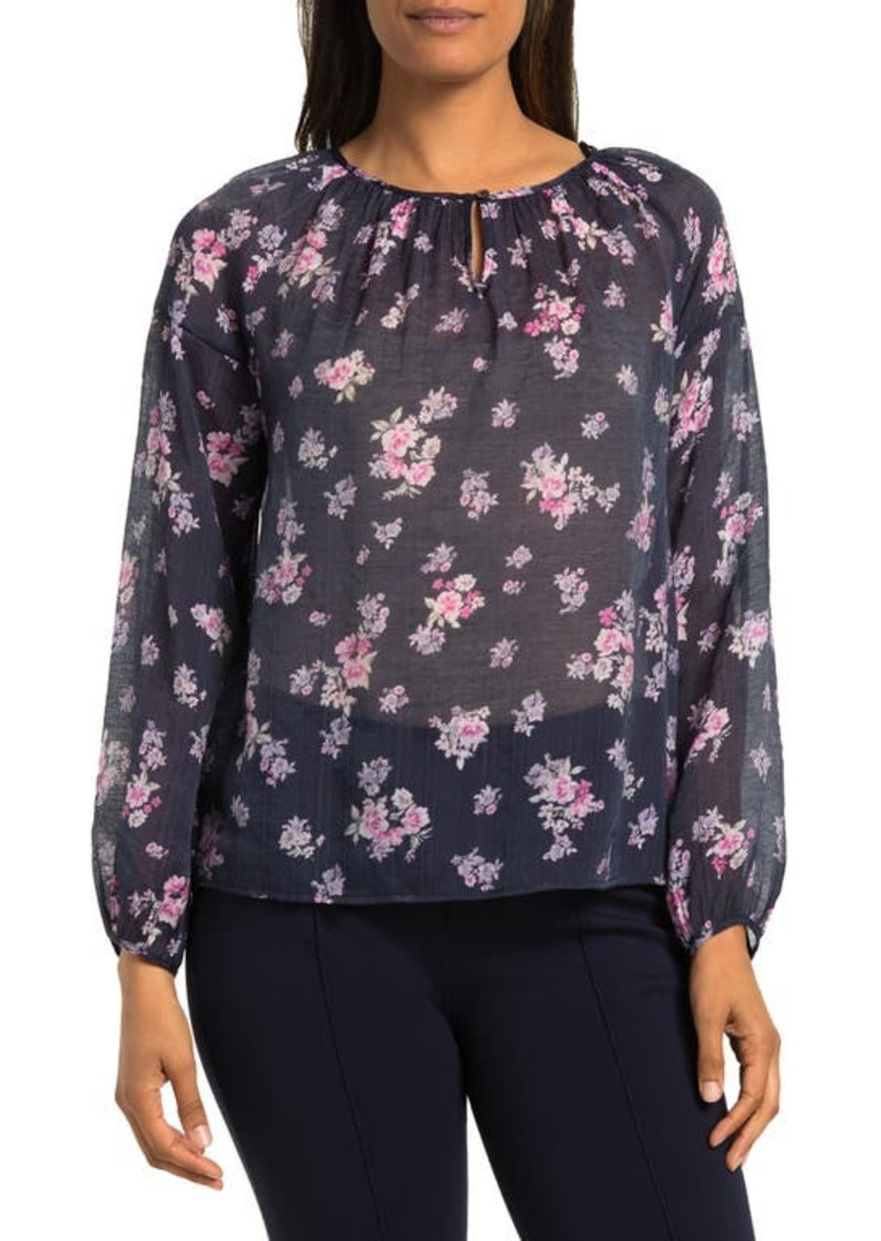 Vince Camuto Peaceful Bouquet Keyhole Blouse in Classic Navy at Nordstrom