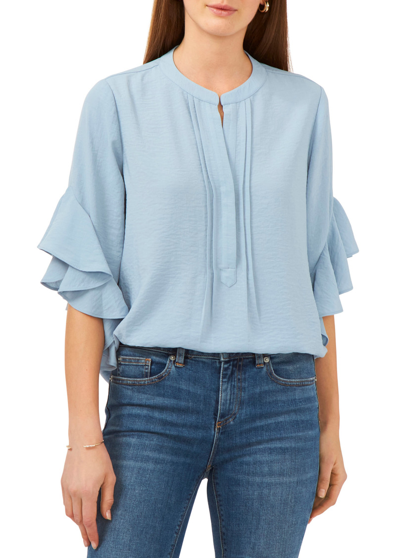 Vince Camuto Ruffle Sleeve Split Neck Blouse in Blue Willow at Nordstrom