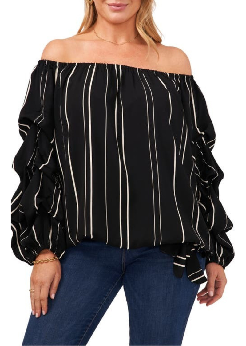 Vince Camuto Stripe Balloon Sleeve Off the Shoulder Blouse in Rich Black at Nordstrom