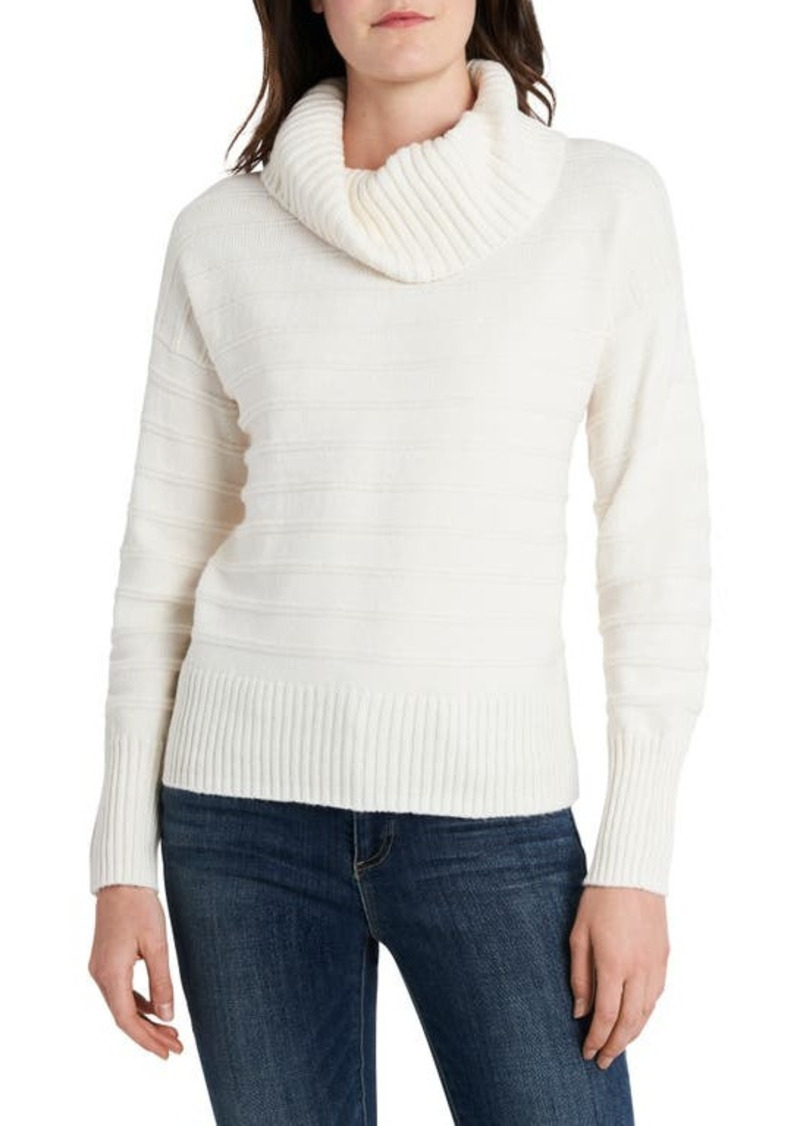 Vince Camuto Texture Stripe Cotton Blend Cowl Neck Sweater in Antiq White at Nordstrom