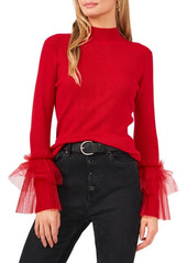 Vince Camuto Tulle & Ruffle Mock Neck Sweater in Vermillion at Nordstrom
