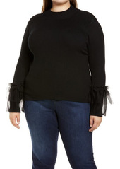 Vince Camuto Tulle Sleeve Mock Neck Sweater in Flax at Nordstrom
