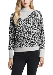 Vince Camuto Women's Leopard Jacquard Print Fold Over Neck Long Sleeve Top