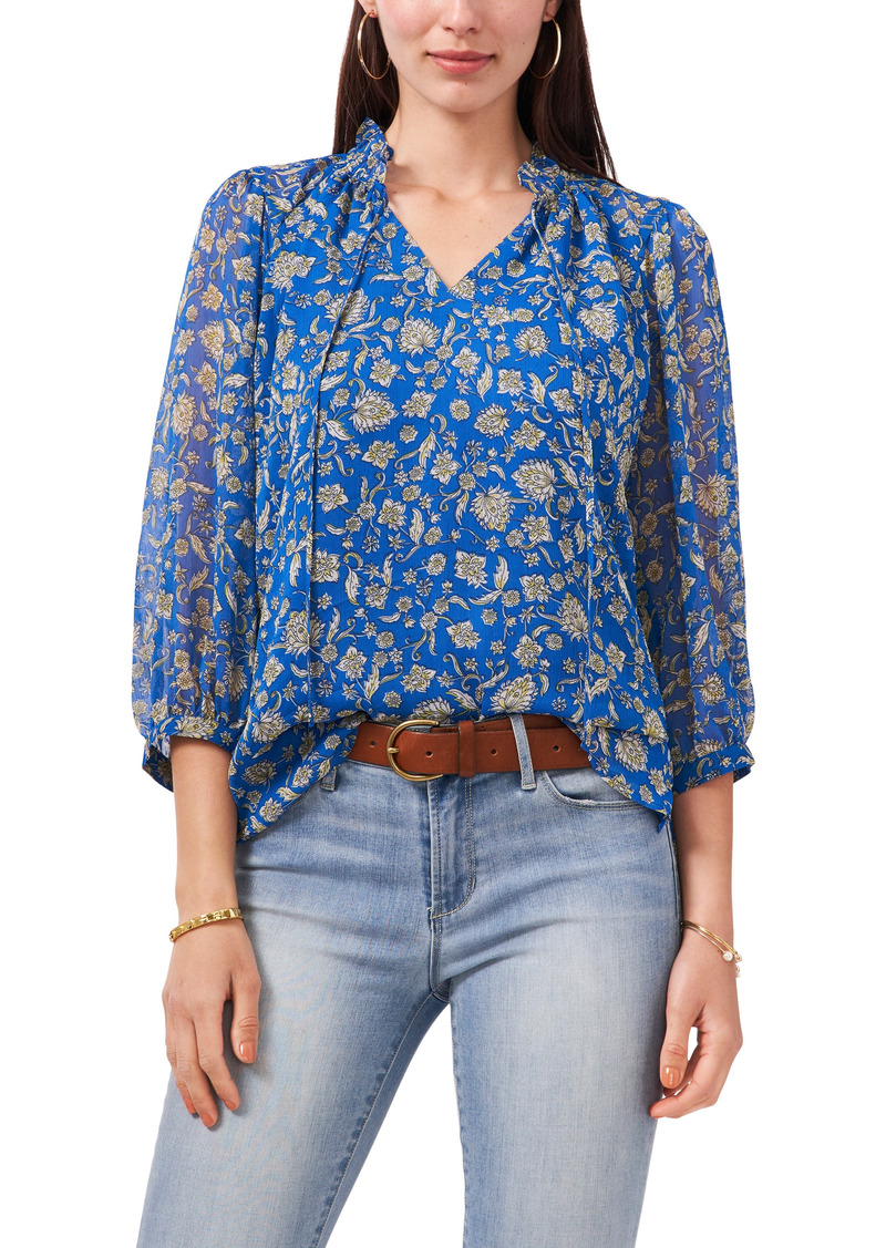 Vince Camuto Floral Print Puff Sleeve Blouse in Santorini Blue at Nordstrom