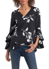 Vince Camuto Floral Print Trumpet Sleeve Top in Black/White Floral at Nordstrom