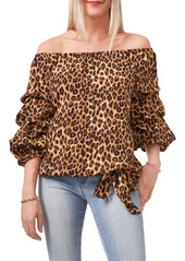 Vince Camuto Leopard Print Off the Shoulder Tiered Sleeve Blouse in Rich Black at Nordstrom