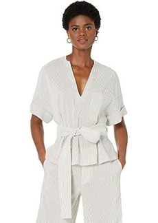 Vince Striped Cuffed Short Sleeve Rayon Linen V-Neck Blouse
